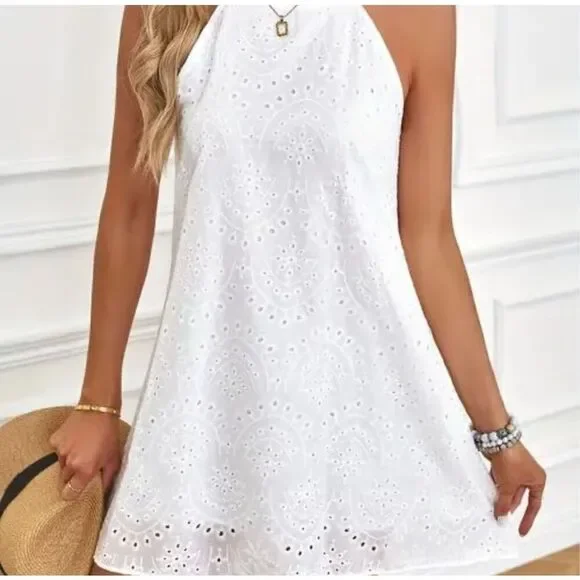 Chelsea 28 Dress White Eyelet Halter Neck Sleeveless Mini 100% Cotton - Picture 7 of 7